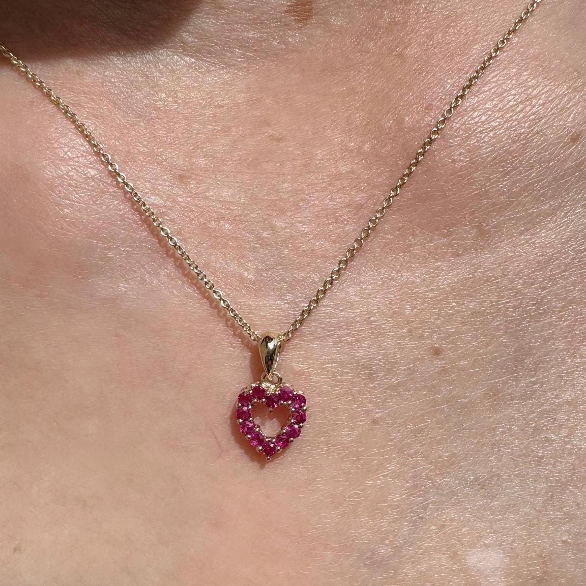 Genuine Ruby Pavé Heart Outline Pendant, 14k Solid Gold, July Birthstone, Gift for Her