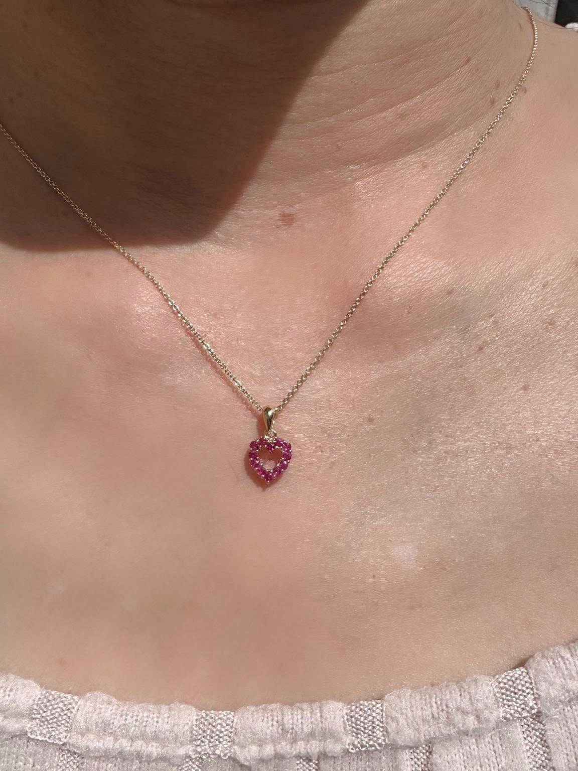 Genuine Ruby Pavé Heart Outline Pendant, 14k Solid Gold, July Birthstone, Gift for Her