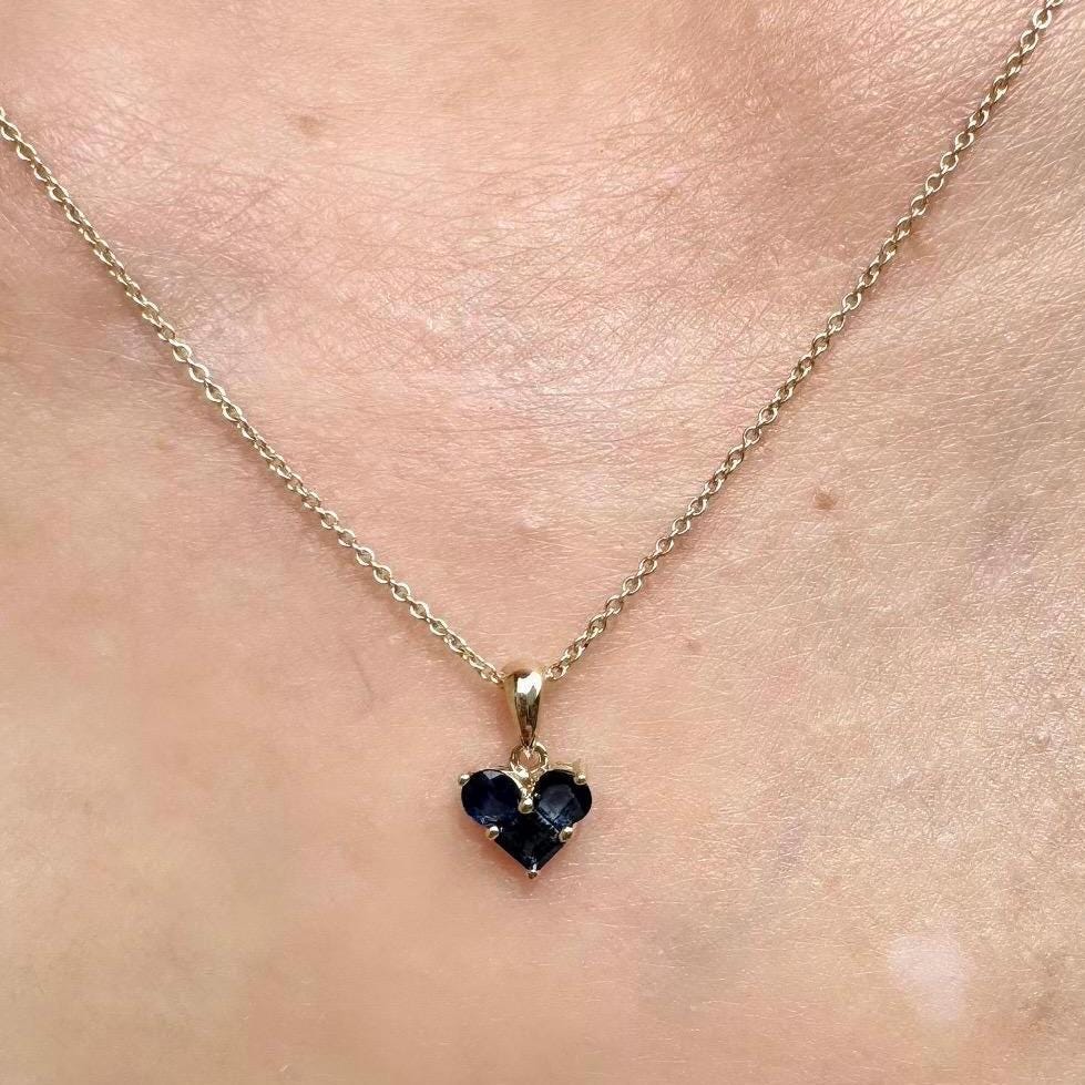 Genuine Sapphire Heart Trio Pendant, 14k Solid Gold, September Birthstone, Gift for Her