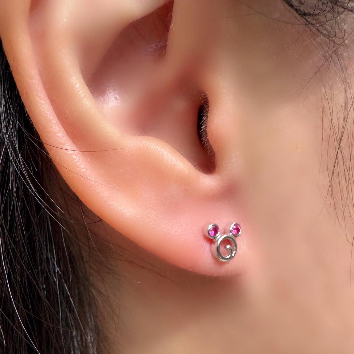 Genuine Ruby Mickey Round Stud Earrings / 18k Solid White Gold