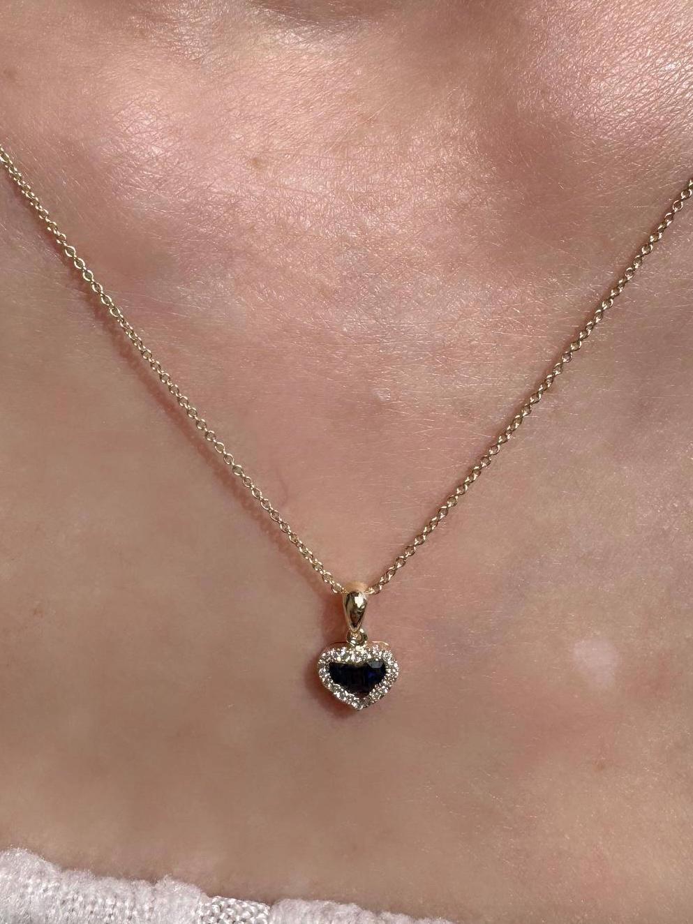 14k Solid Gold Heart Pendant, Sapphire & Diamond Halo, September Birthstone Gift