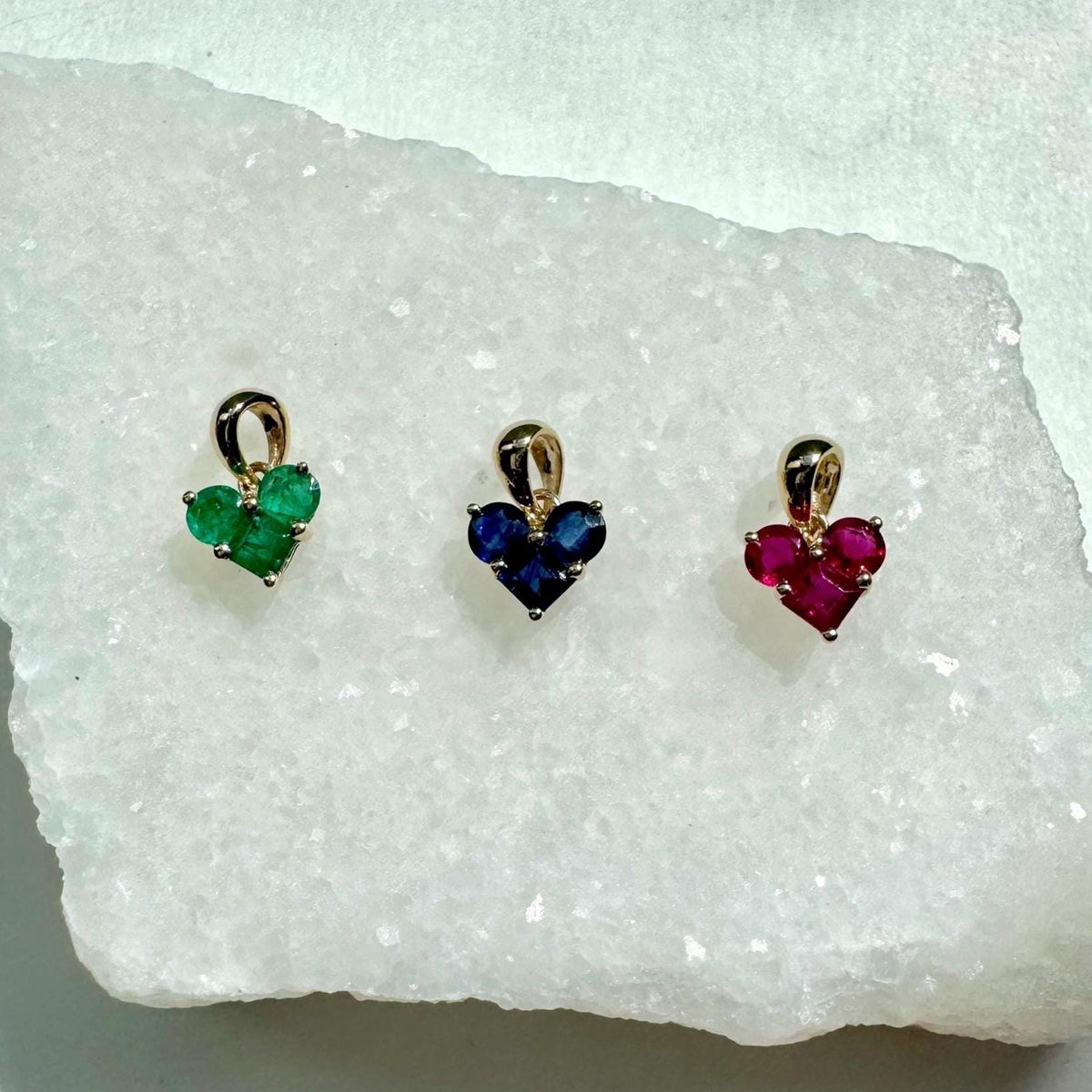 Genuine Sapphire Heart Trio Pendant, 14k Solid Gold, September Birthstone, Gift for Her