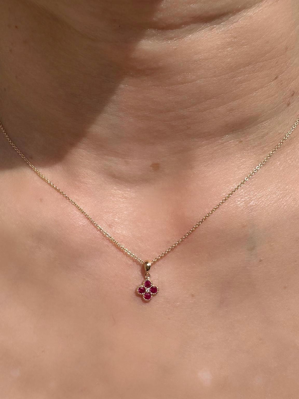 Genuine Ruby Diamond Mini Clover Pendant, 14k Solid Gold, July Birthstone
