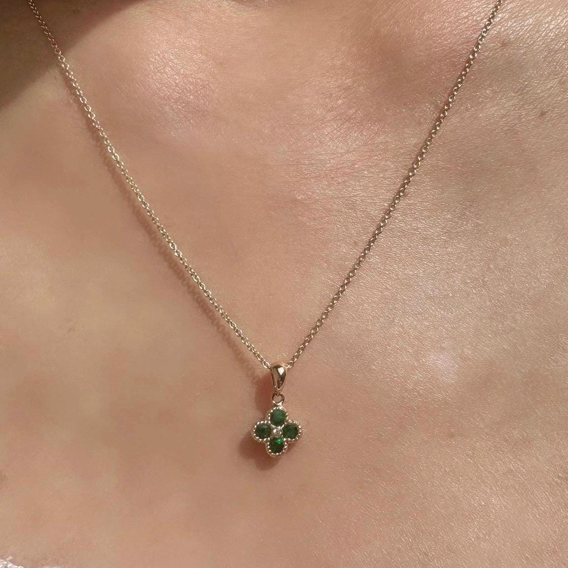 14k Solid Gold Emerald Diamond Clover Pendant, Mini, May Birthstone Jewelry