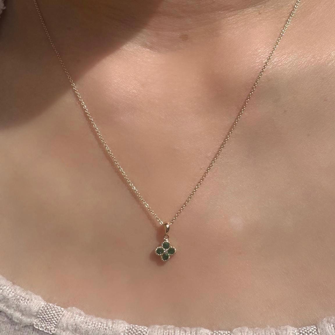 14k Solid Gold Emerald Diamond Clover Pendant, Mini, May Birthstone Jewelry
