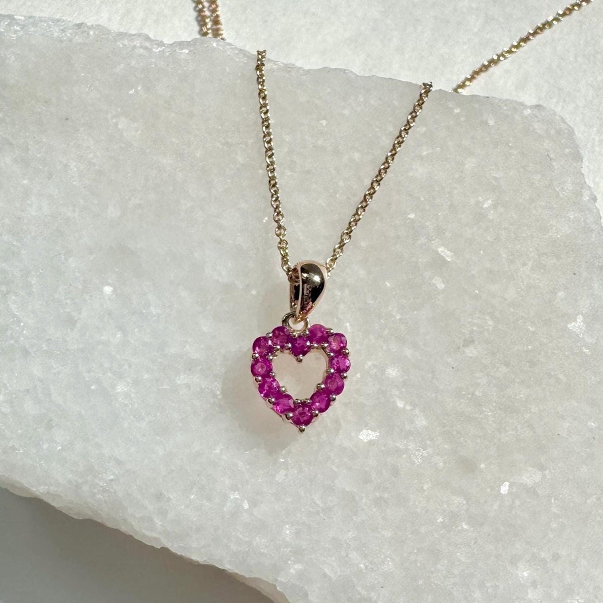 Genuine Ruby Pavé Heart Outline Pendant, 14k Solid Gold, July Birthstone, Gift for Her