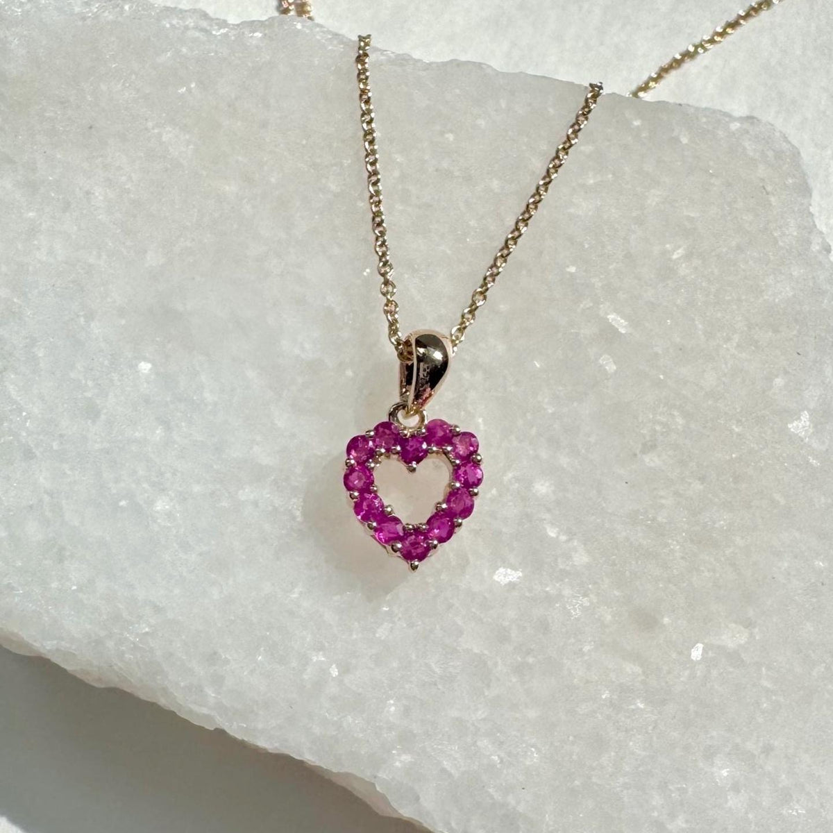 Genuine Ruby Pavé Heart Outline Pendant, 14k Solid Gold, July Birthstone, Gift for Her