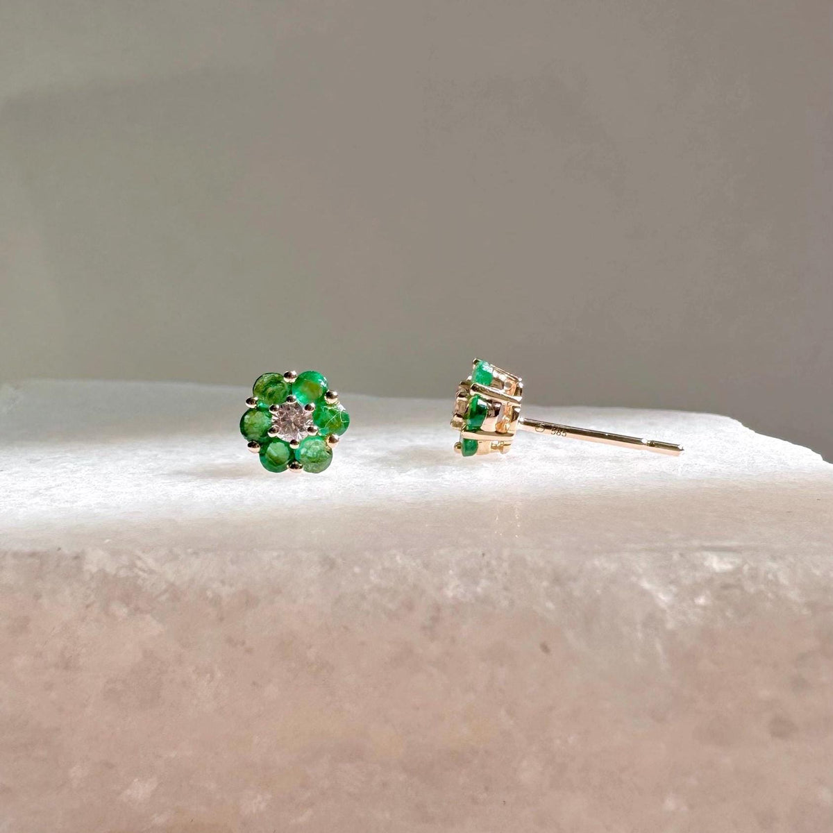Natural Emerald Flower Stud Earrings, 6.5mm, 14k Solid Gold, May Birthstone Flower Jewelry