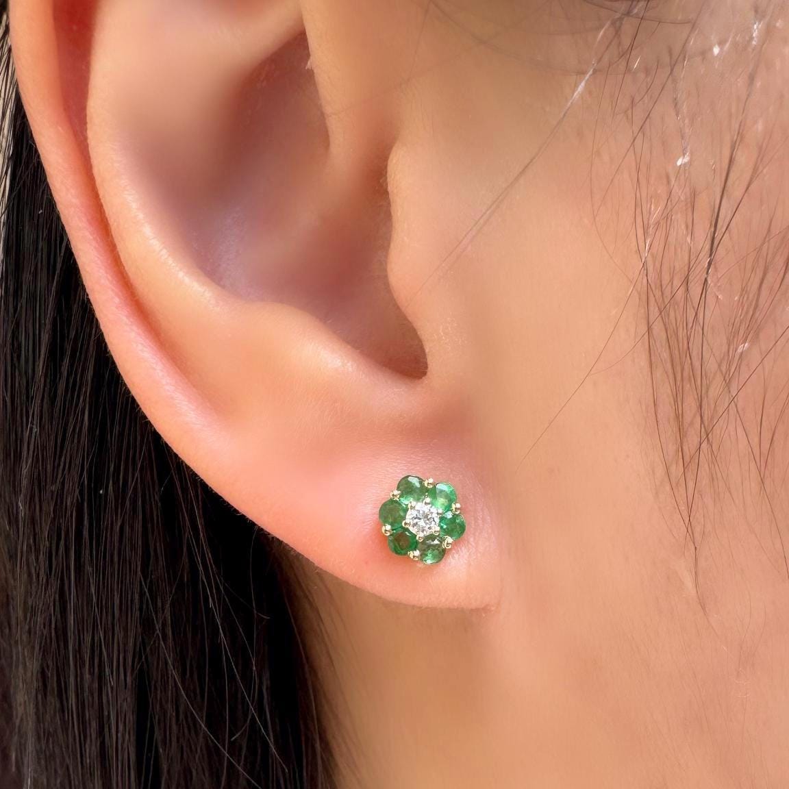 Natural Emerald Flower Stud Earrings, 6.5mm, 14k Solid Gold, May Birthstone Flower Jewelry
