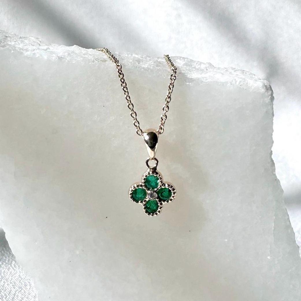 14k Solid Gold Emerald Diamond Clover Pendant, Mini, May Birthstone Jewelry
