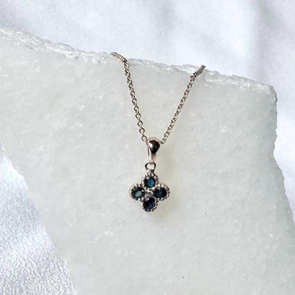 Genuine Sapphire and Diamond Clover Pendant (Mini), 14k Solid Gold Necklace, September Birthstone, Gift for Her