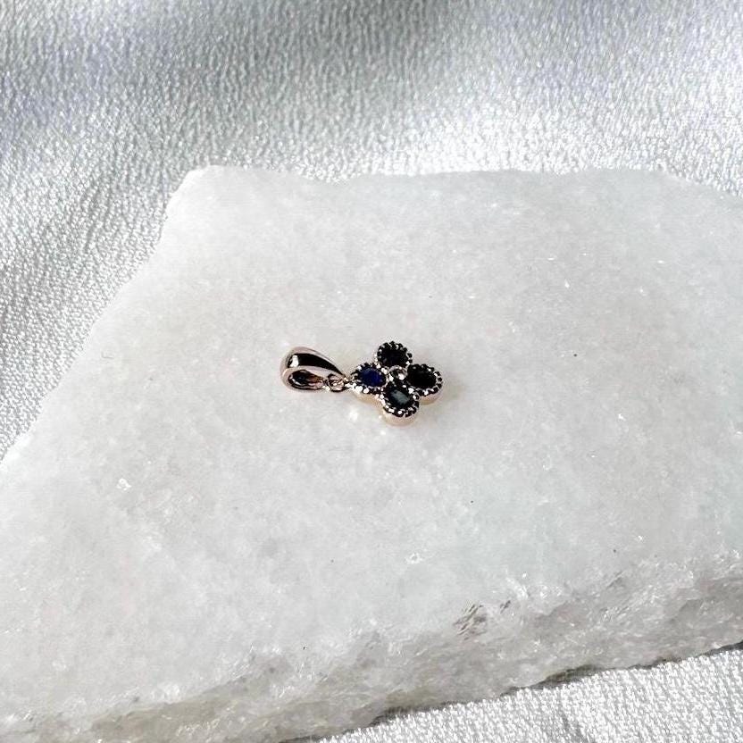 Genuine Sapphire and Diamond Clover Pendant (Mini), 14k Solid Gold Necklace, September Birthstone, Gift for Her
