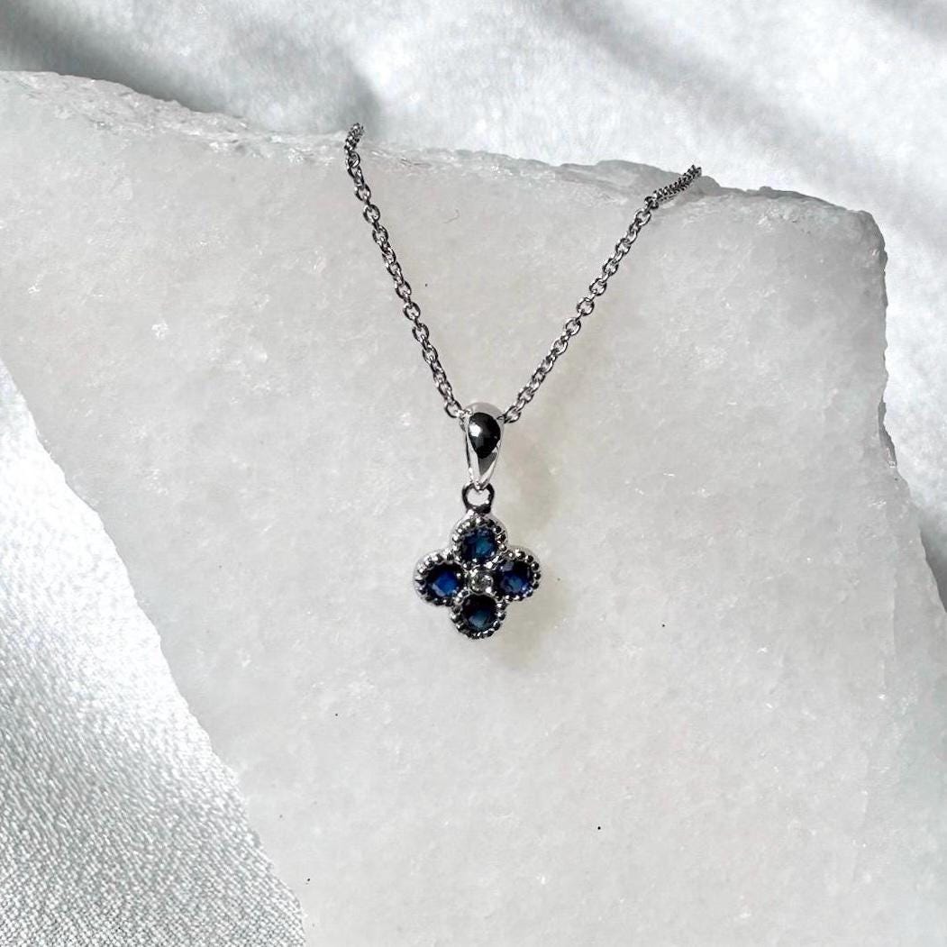 Genuine Sapphire and Diamond Clover Pendant (Mini), 14k Solid Gold Necklace, September Birthstone, Gift for Her