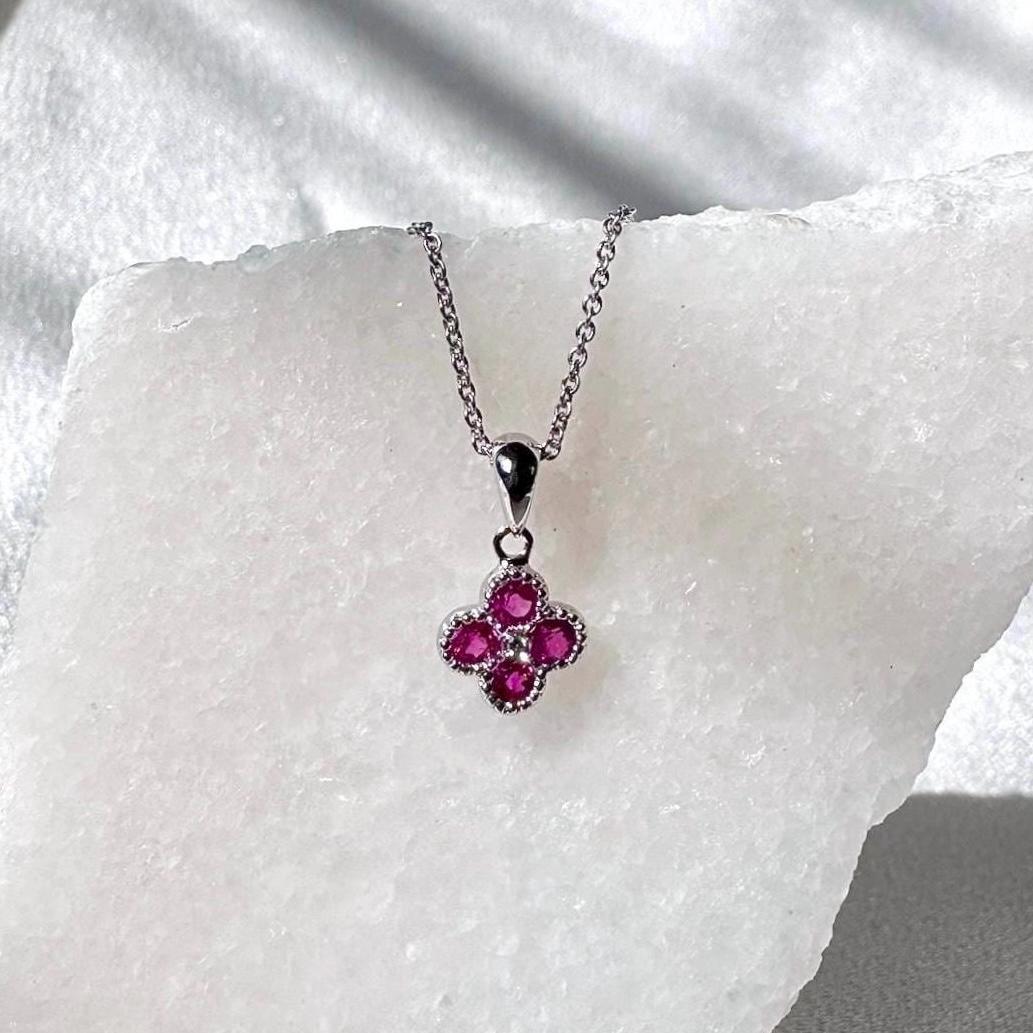 Genuine Ruby Diamond Mini Clover Pendant, 14k Solid Gold, July Birthstone