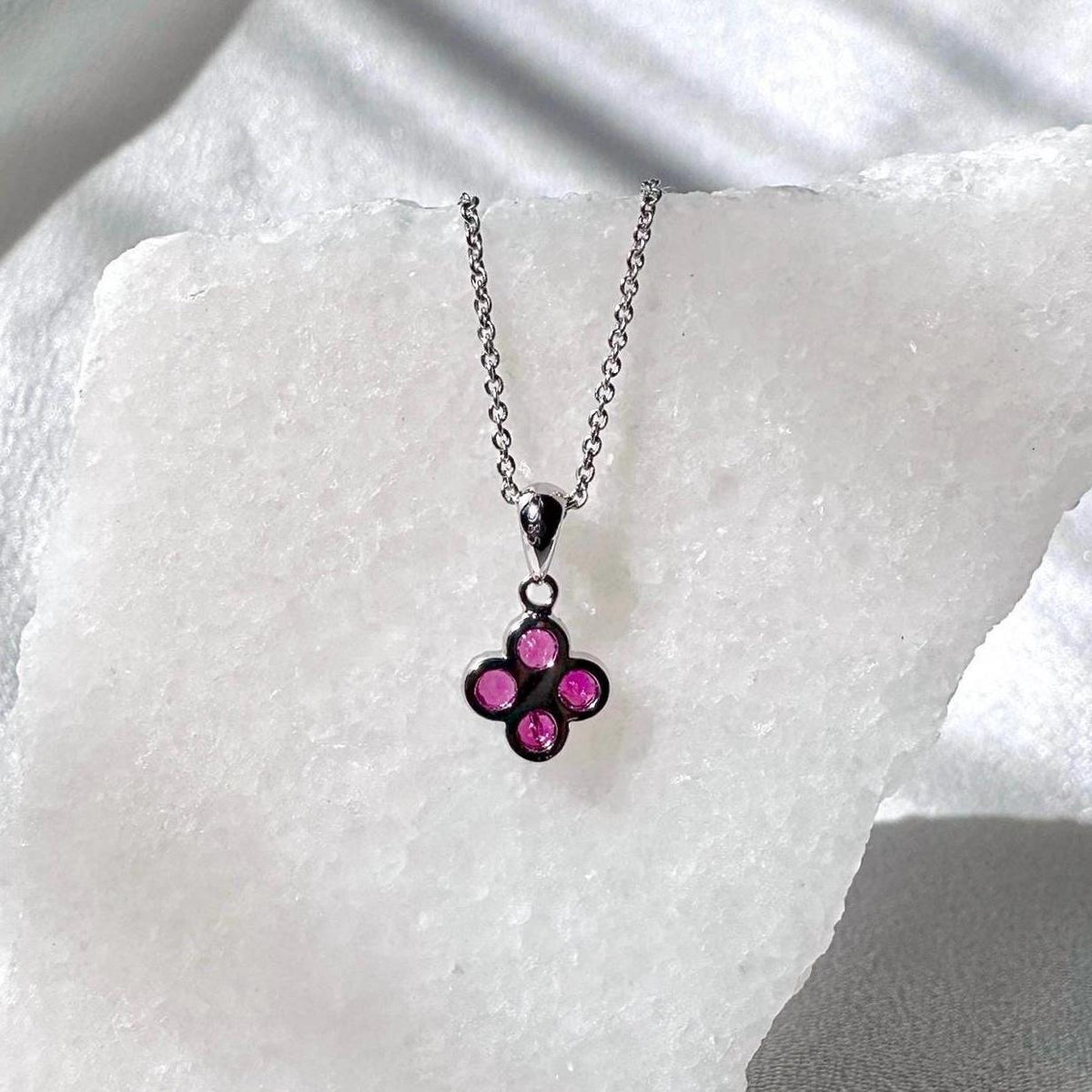 Genuine Ruby Diamond Mini Clover Pendant, 14k Solid Gold, July Birthstone