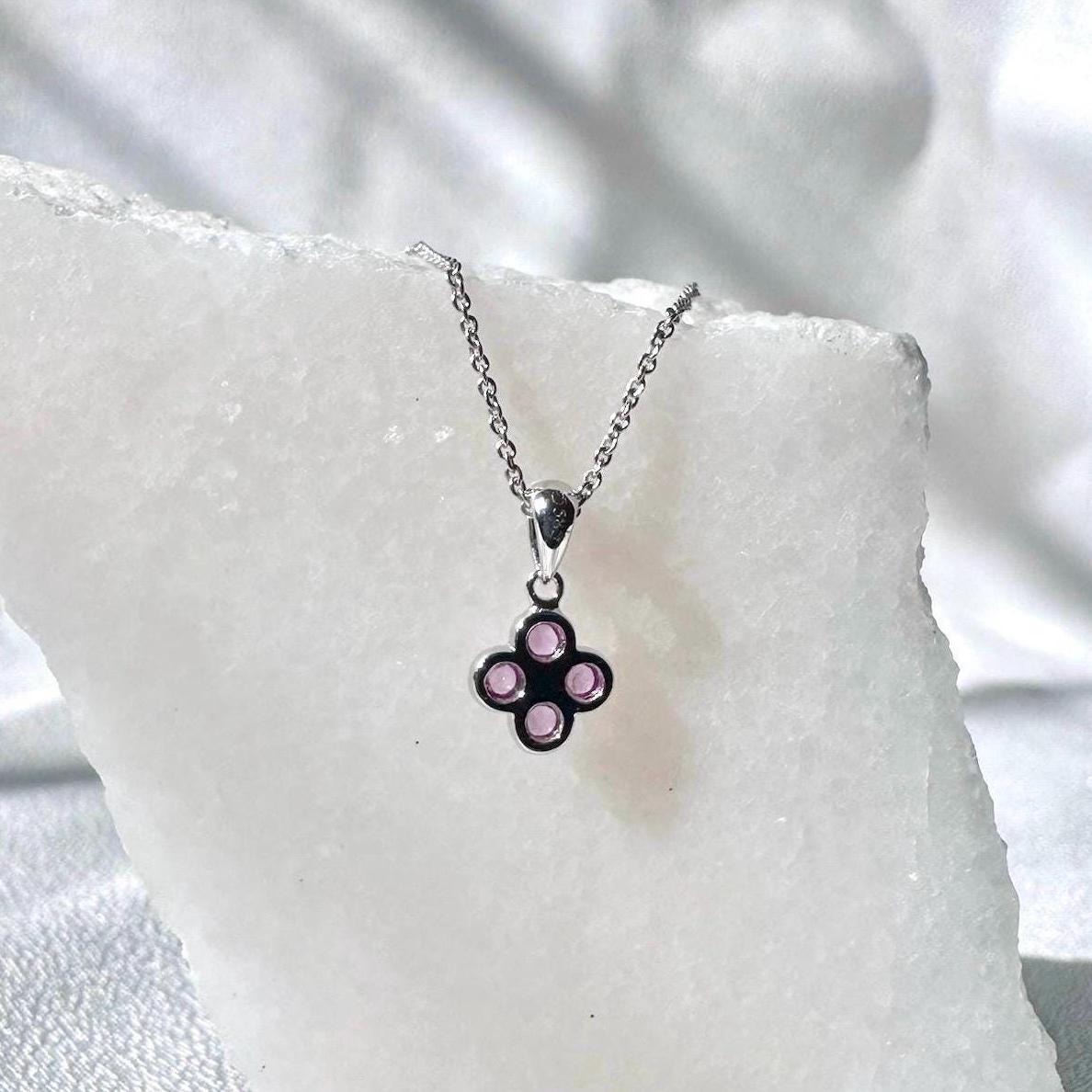 14k Solid Gold Pink Sapphire Diamond Clover Pendant, Mini, September Birthstone Jewelry