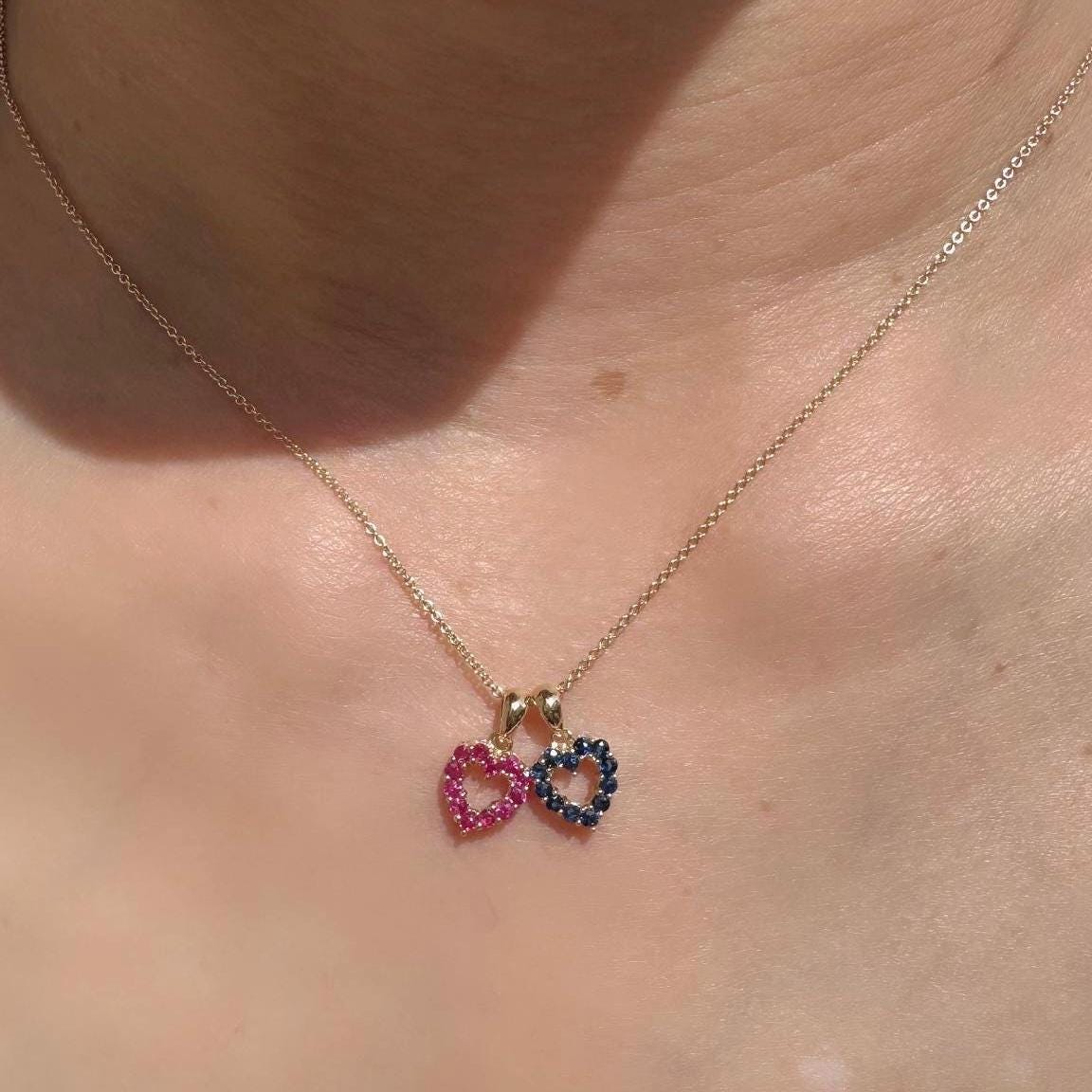 Genuine Ruby Pavé Heart Outline Pendant, 14k Solid Gold, July Birthstone, Gift for Her