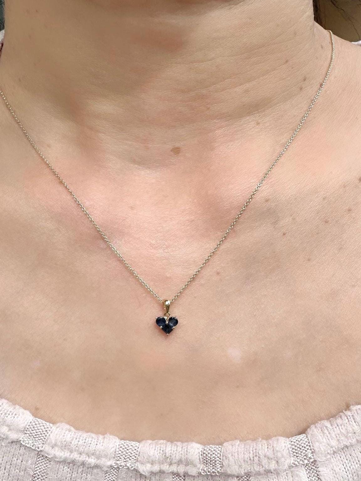 Genuine Sapphire Heart Trio Pendant, 14k Solid Gold, September Birthstone, Gift for Her