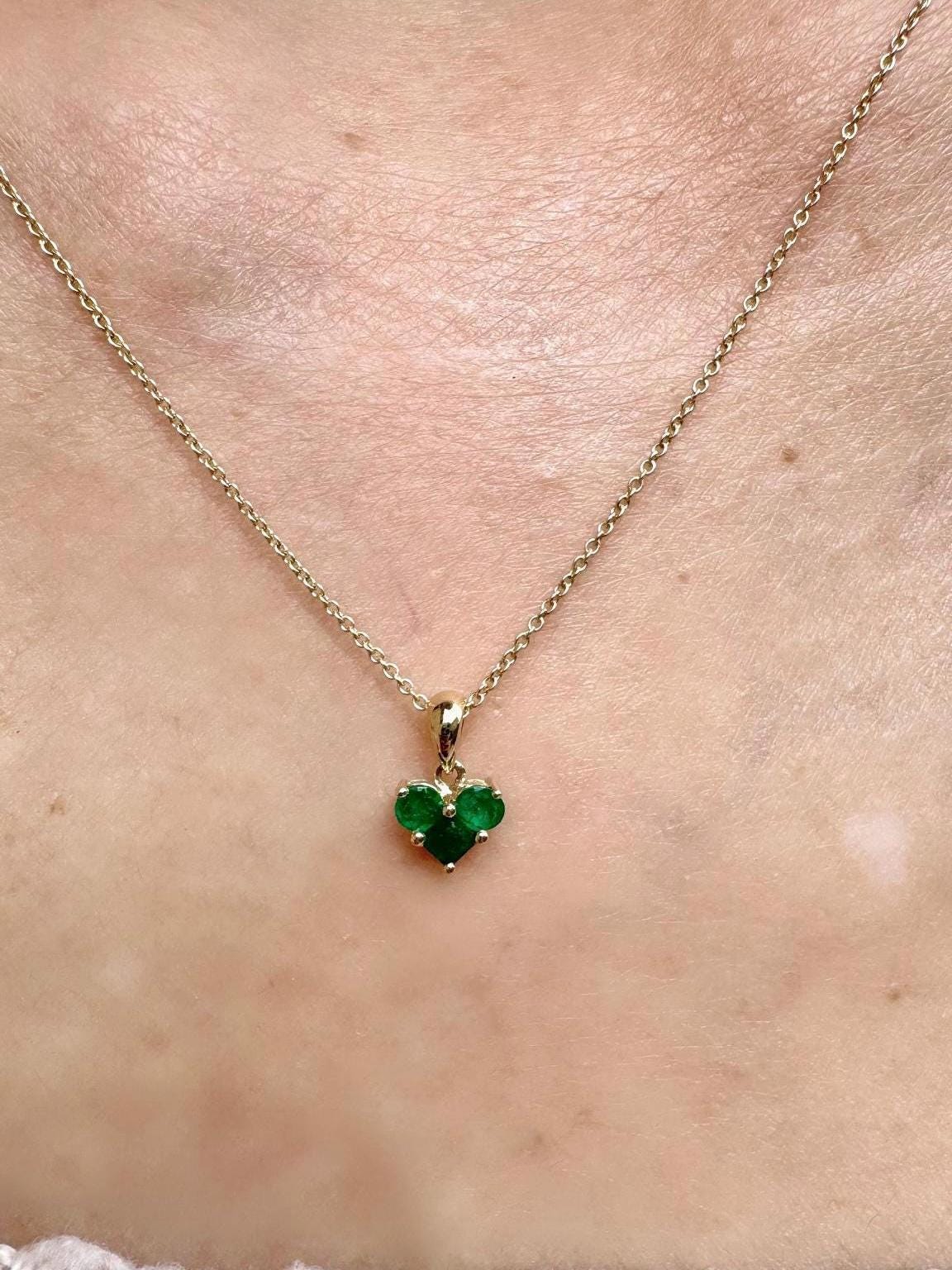 Genuine Emerald Cluster Heart Pendant, 14k Solid Gold, May Birthstone, Gift for Her