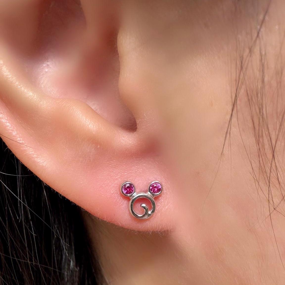 Genuine Ruby Mickey Round Stud Earrings / 18k Solid White Gold