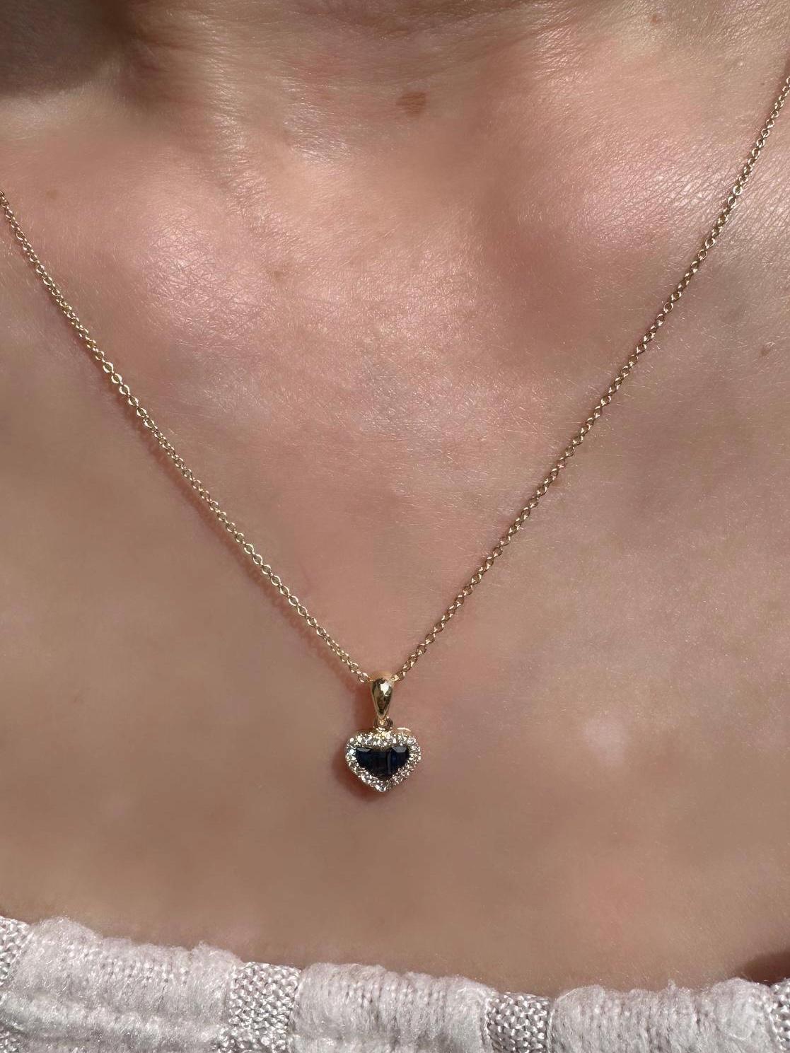 14k Solid Gold Heart Pendant, Sapphire & Diamond Halo, September Birthstone Gift