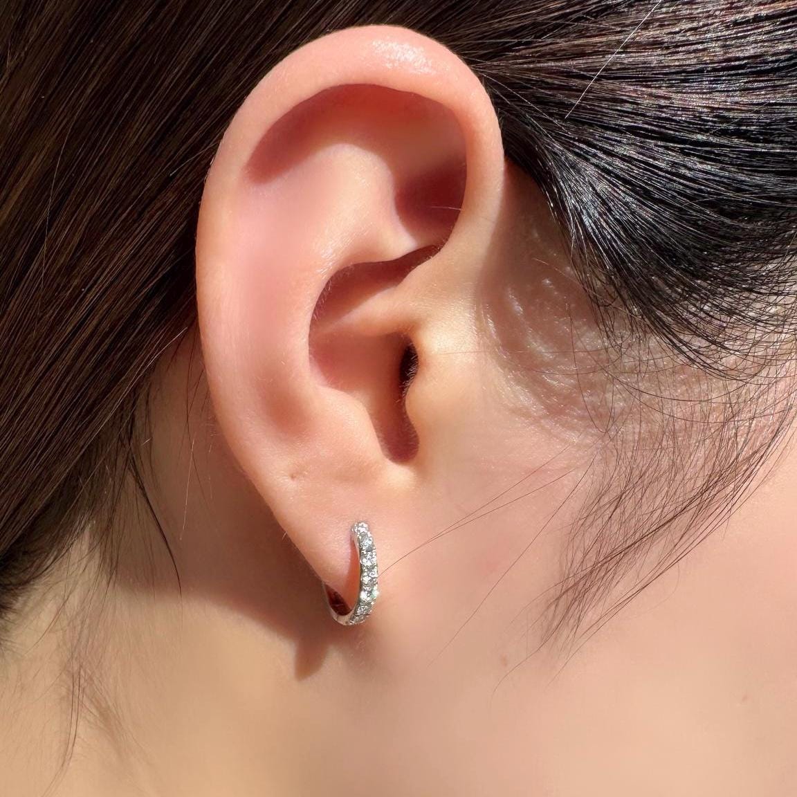 Genuine Diamond Round Cut Huggie Hoop Earrings, 18k Solid Gold, April Birthstone, Gift for Her