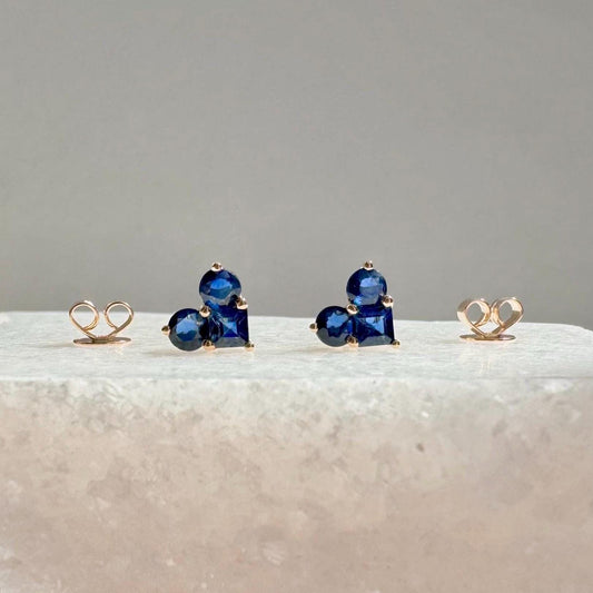 Genuine Sapphire Round Cut Heart Earrings in 14k Solid Gold