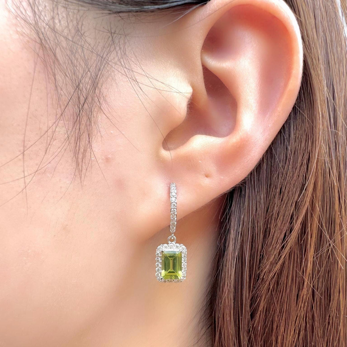 Genuine Peridot Emerald Cut Dangle Hoops in 14k Solid Gold