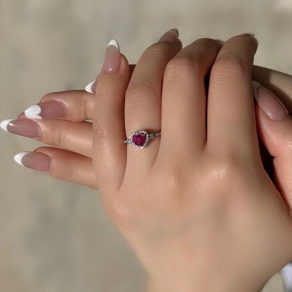 14k Solid White Gold Ruby & Diamond Heart Halo Ring, Natural Ruby and Diamond, July Birthstone Gift