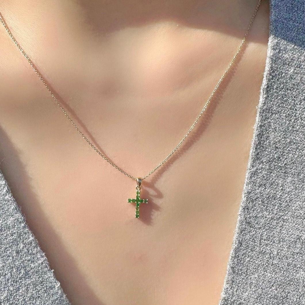 Genuine Emerald Cross Pendant (Mini) / 14k Solid Gold