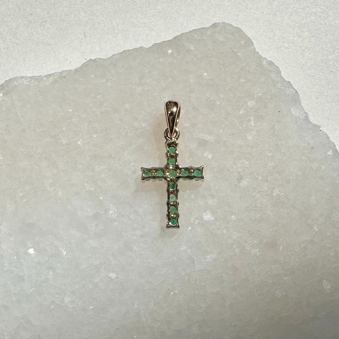 Genuine Emerald Cross Pendant (Mini) / 14k Solid Gold