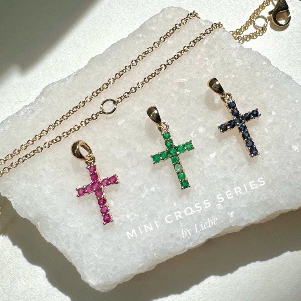 Genuine Emerald Cross Pendant (Mini) / 14k Solid Gold