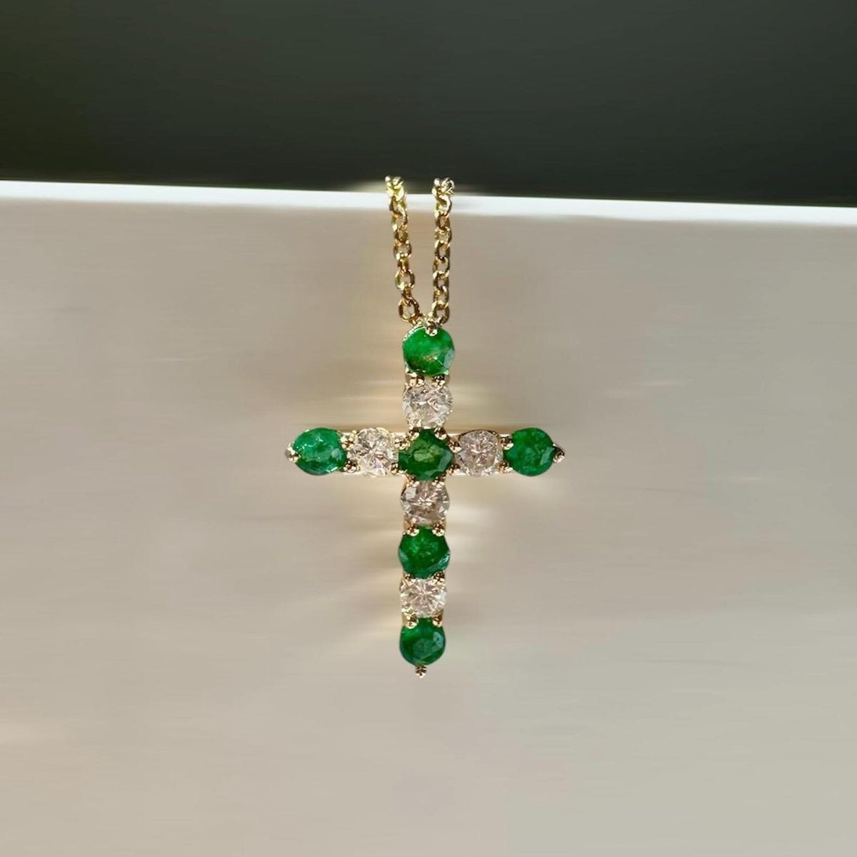 Genuine Emerald and Diamond Cross Pendant / 14k Solid Gold