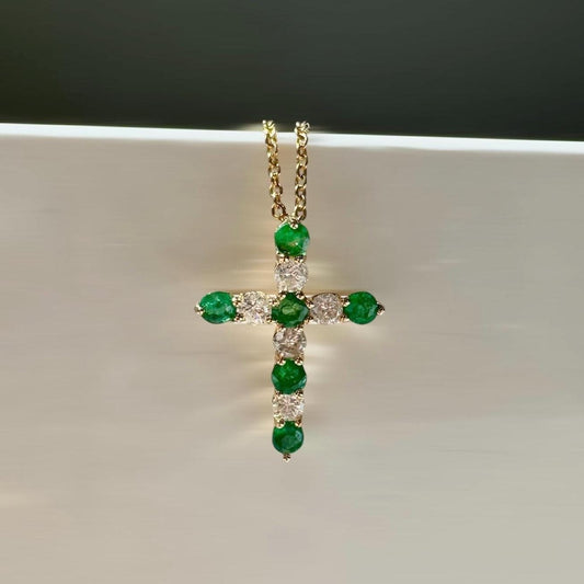 Genuine Emerald and Diamond Cross Pendant / 14k Solid Gold