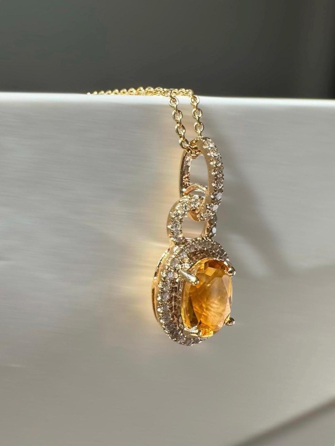Genuine Citrine and Diamond Oval Pendant | 14k Solid Yellow Gold