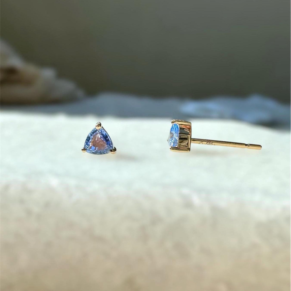 Genuine Ceylon Sapphire Trillion Cut Stud Earrings, 14k Solid Yellow Gold, September Birthstone Gift
