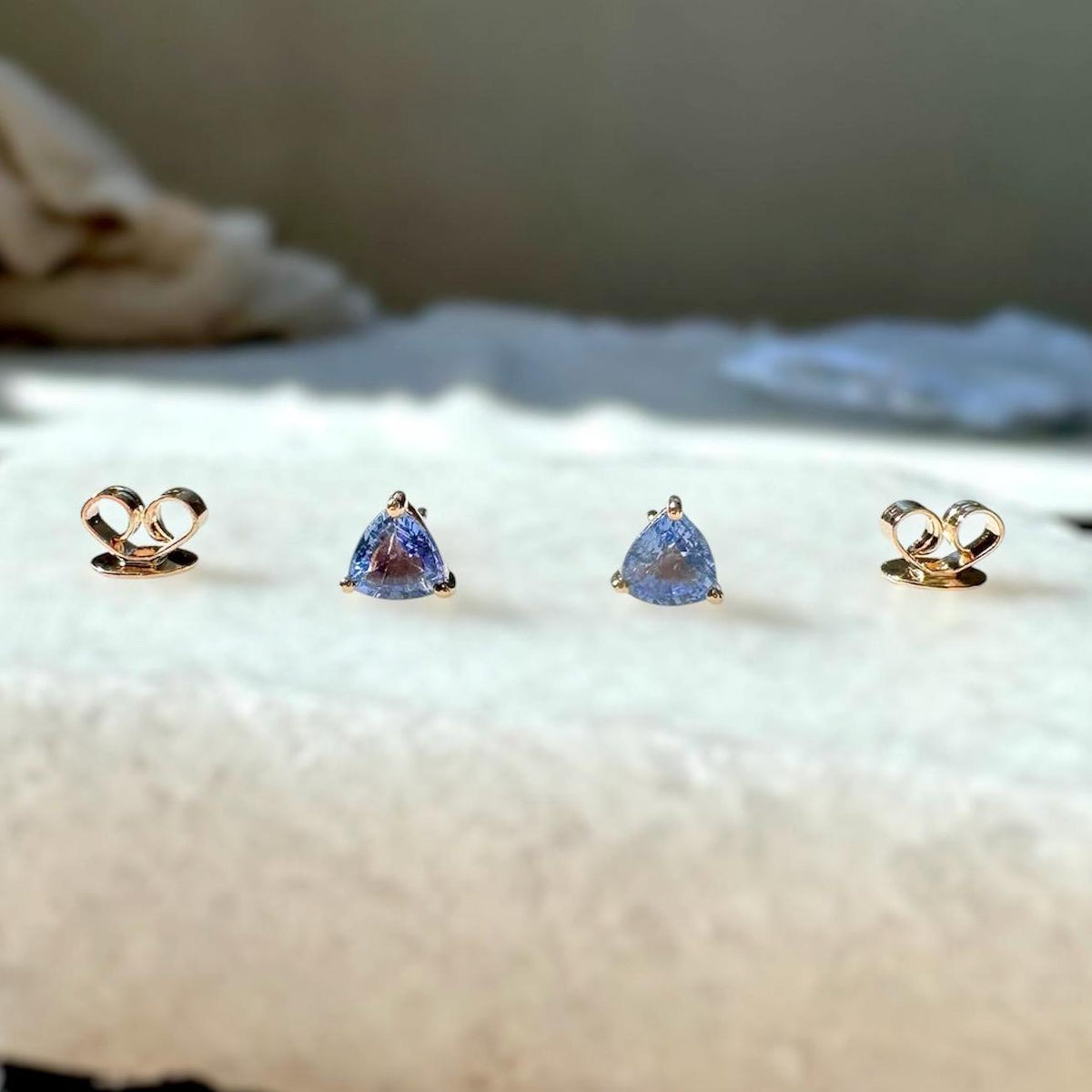 Genuine Ceylon Sapphire Trillion Cut Stud Earrings, 14k Solid Yellow Gold, September Birthstone Gift