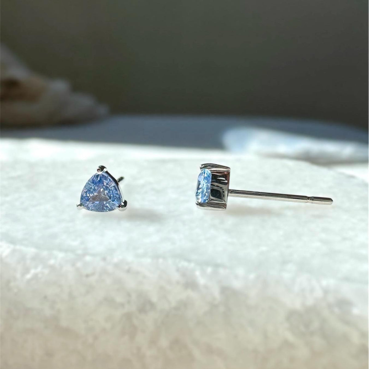Genuine Ceylon Sapphire Trillion Cut Stud Earrings, 14k Solid Yellow Gold, September Birthstone Gift