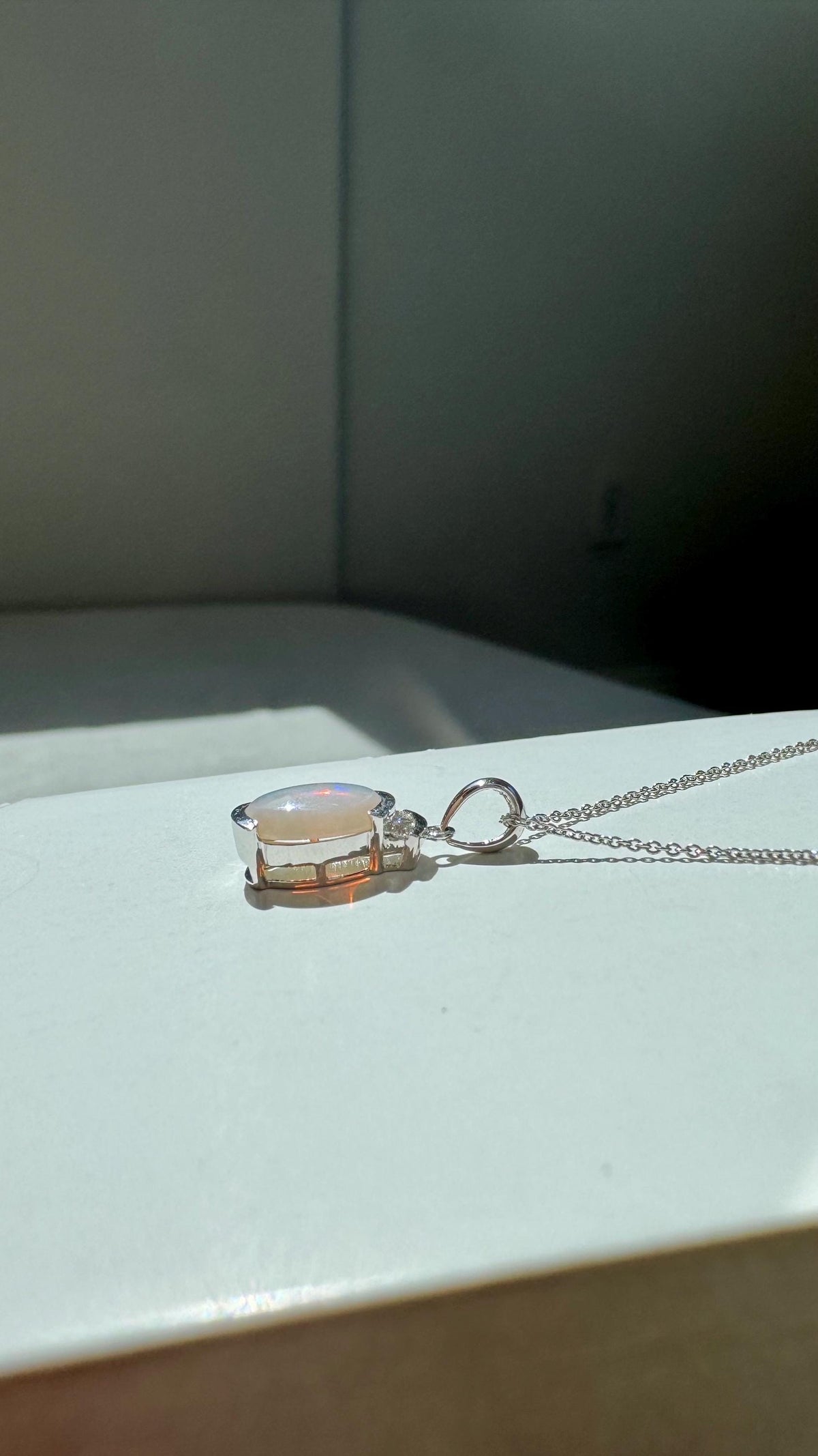 Genuine Oval Cut Opal and Diamond Pendant in 14k Solid Gold