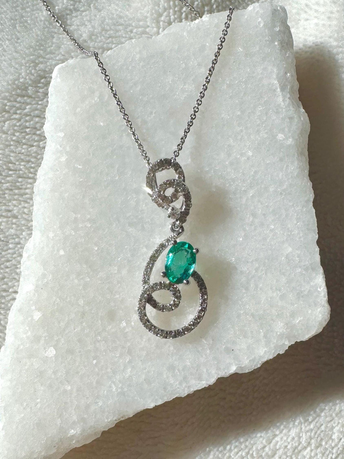 Genuine Emerald and Diamond Oval Cut Swirl Halo Pendant, 14k Solid White Gold, May Birthstone