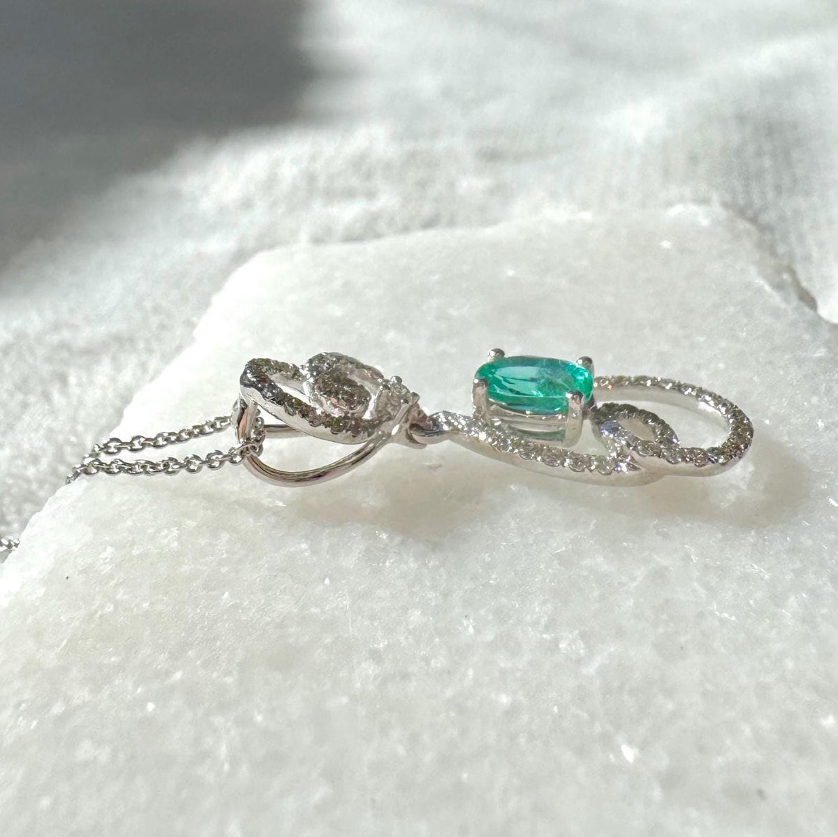 Genuine Emerald and Diamond Oval Cut Swirl Halo Pendant, 14k Solid White Gold, May Birthstone