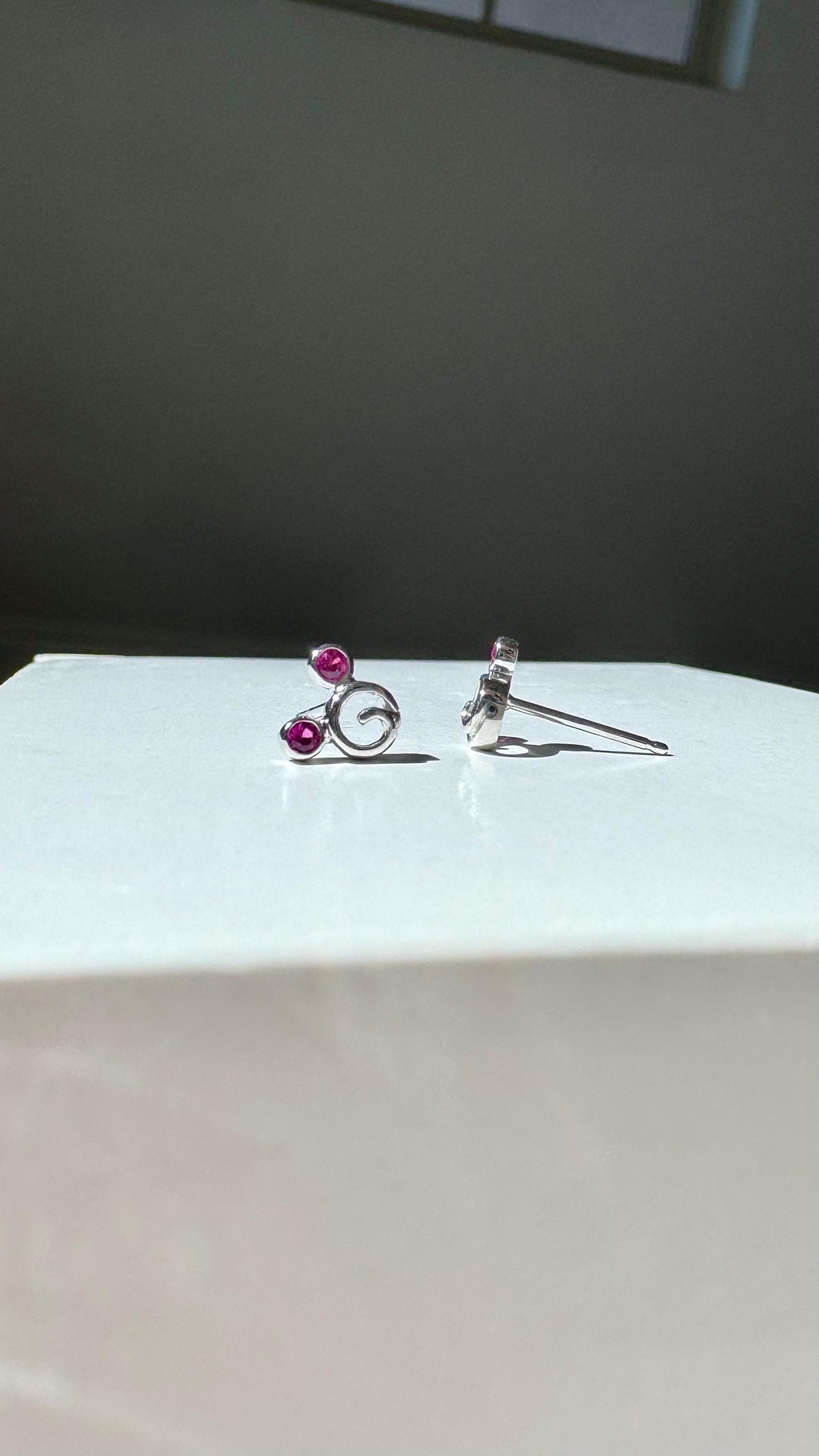 Genuine Ruby Mickey Round Stud Earrings / 18k Solid White Gold