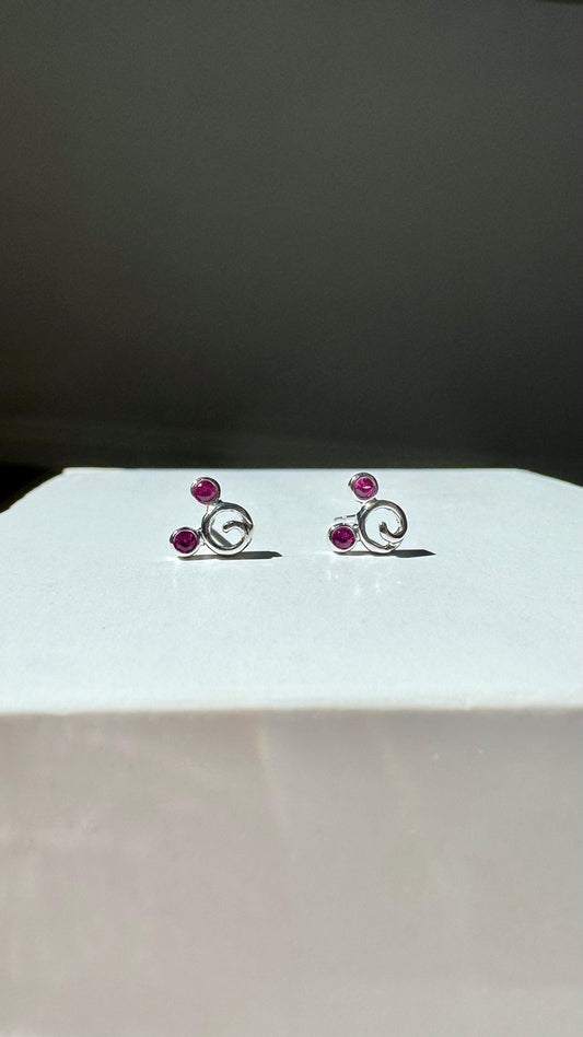 Genuine Ruby Mickey Round Stud Earrings / 18k Solid White Gold
