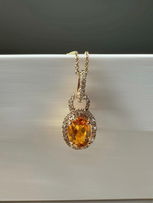 Genuine Citrine and Diamond Oval Pendant | 14k Solid Yellow Gold