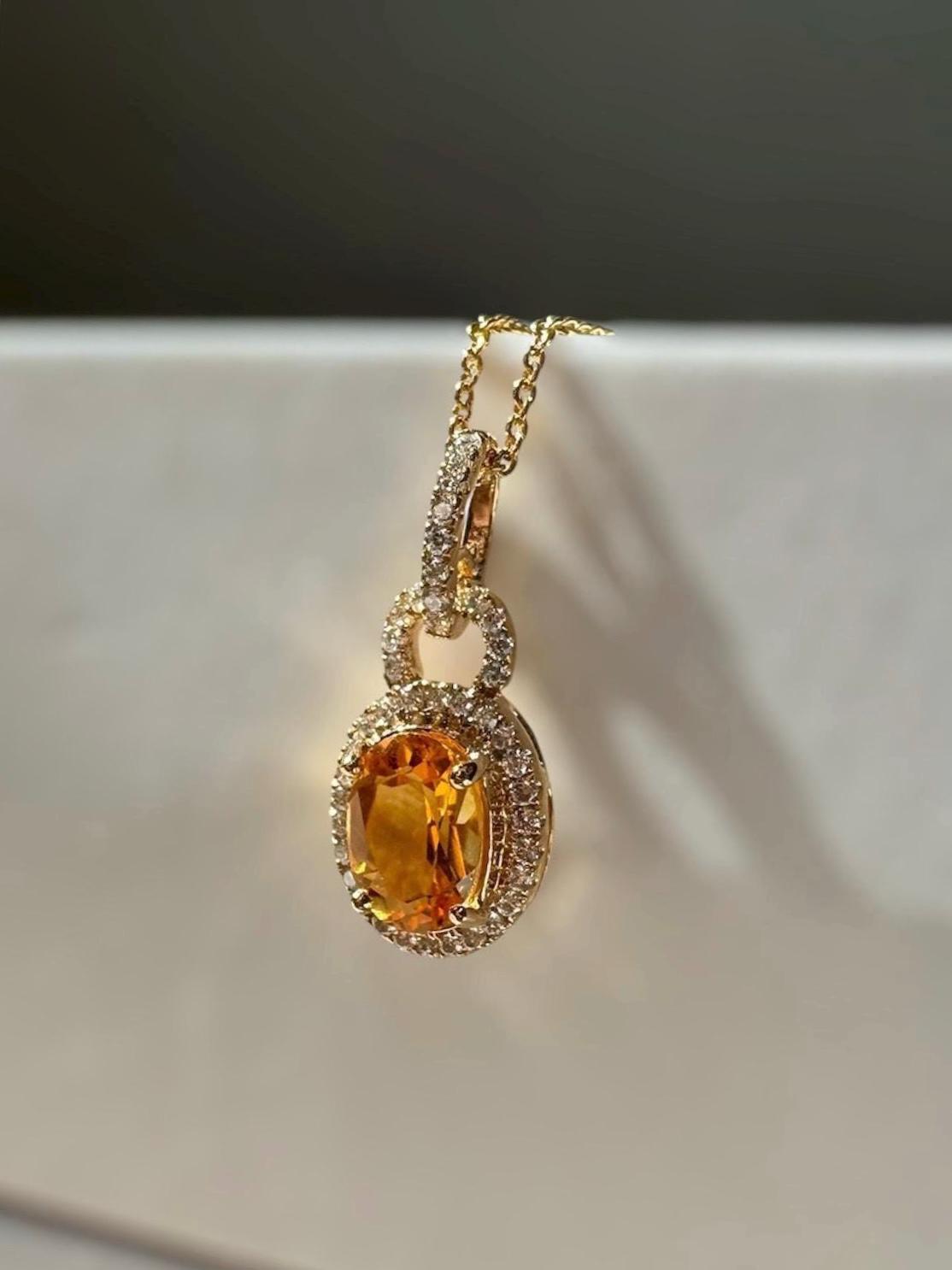 Genuine Citrine and Diamond Oval Pendant | 14k Solid Yellow Gold