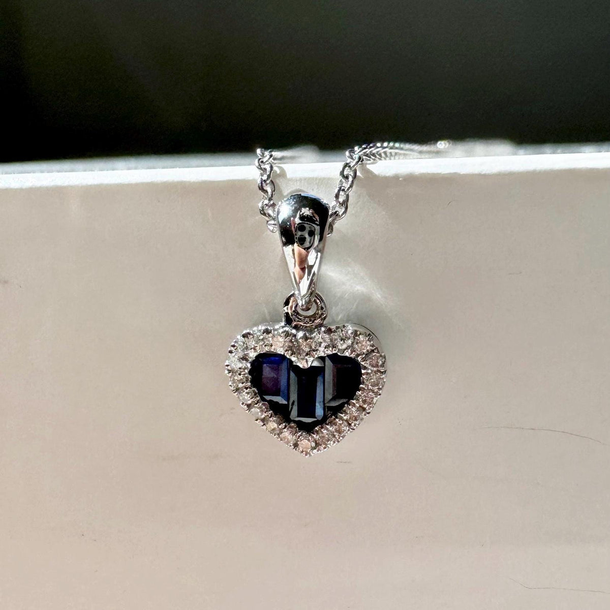 14k Solid Gold Heart Pendant, Sapphire & Diamond Halo, September Birthstone Gift