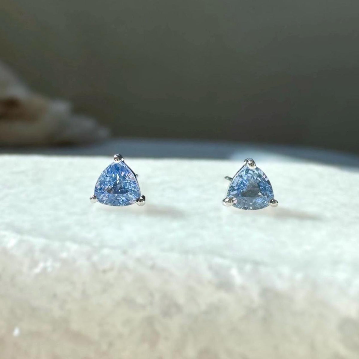 Genuine Ceylon Sapphire Trillion Cut Stud Earrings, 14k Solid Yellow Gold, September Birthstone Gift