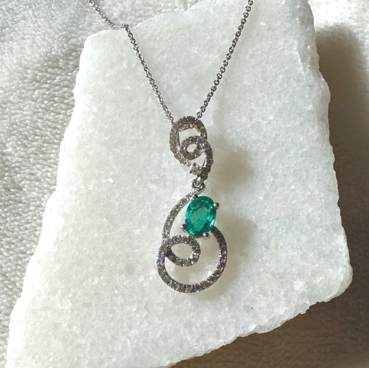 Genuine Emerald and Diamond Oval Cut Swirl Halo Pendant, 14k Solid White Gold, May Birthstone