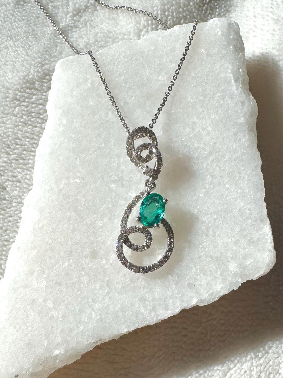Genuine Emerald and Diamond Oval Cut Swirl Halo Pendant, 14k Solid White Gold, May Birthstone