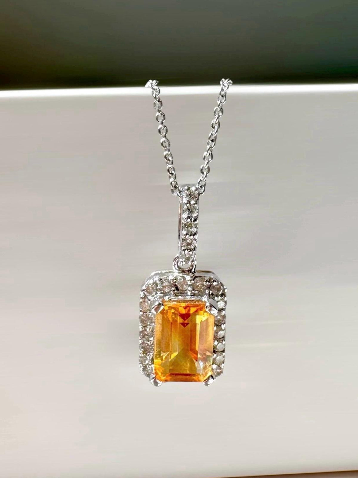 Citrine Diamond Pendant, Genuine Emerald Cut, 14k Solid White Gold Necklace, November Birthstone, Gift for Her